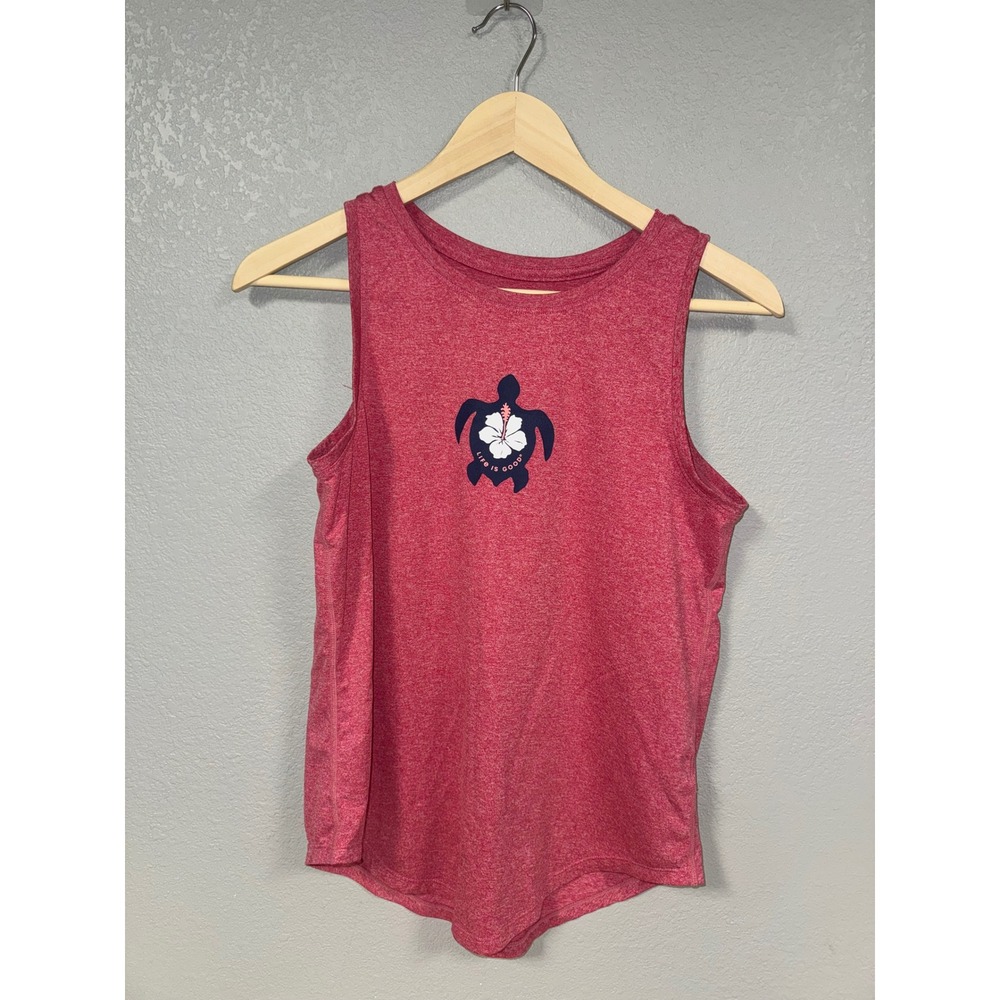 Life is‎ Good Womens Active Tank Top XS Pink Heather Sea Turtle Hibiscus Graphic